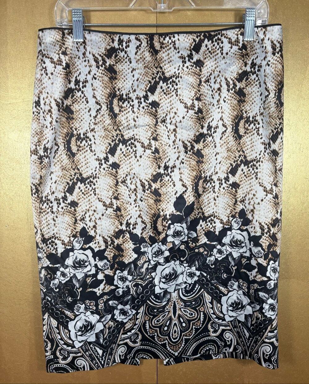 WHBM White House Black Market Skirt Size 8 Roses Brown Ivory Lined Career Floral